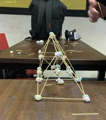 A spaghetti and marshmallow tower made during one of Yusuf's mentoring sessions.